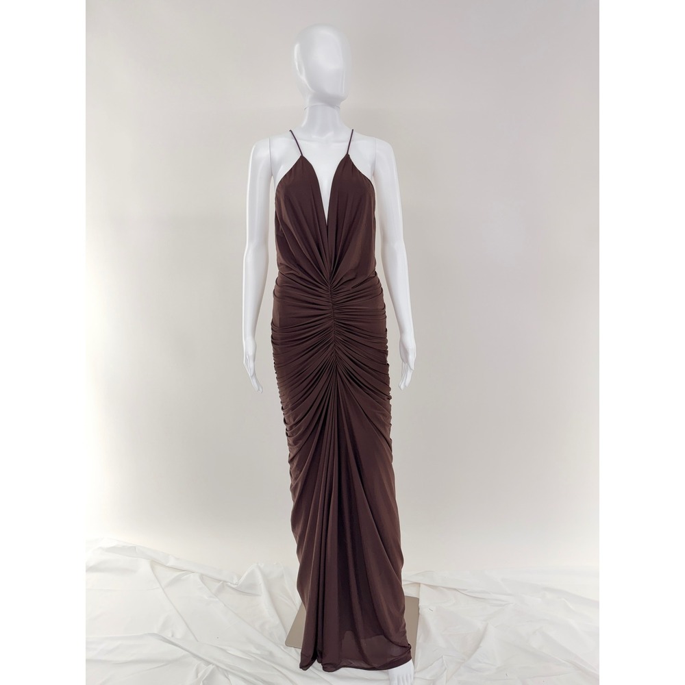 Ronny Kobo Brown Ruched Halter Neck Maxi Dress XL - Picture 4 of 14